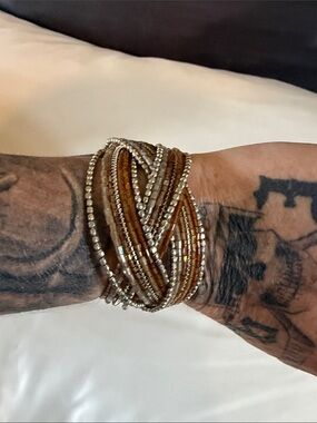 Hand Crafted Beaded Crossover Wrap Cuff Bracelet in Gold and Brown